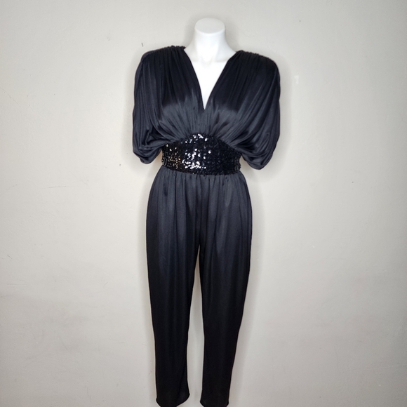 RARE and Amazing 80's Vintage Disco Glam Black Sequin Jumpsuit - Picture 5 of 14